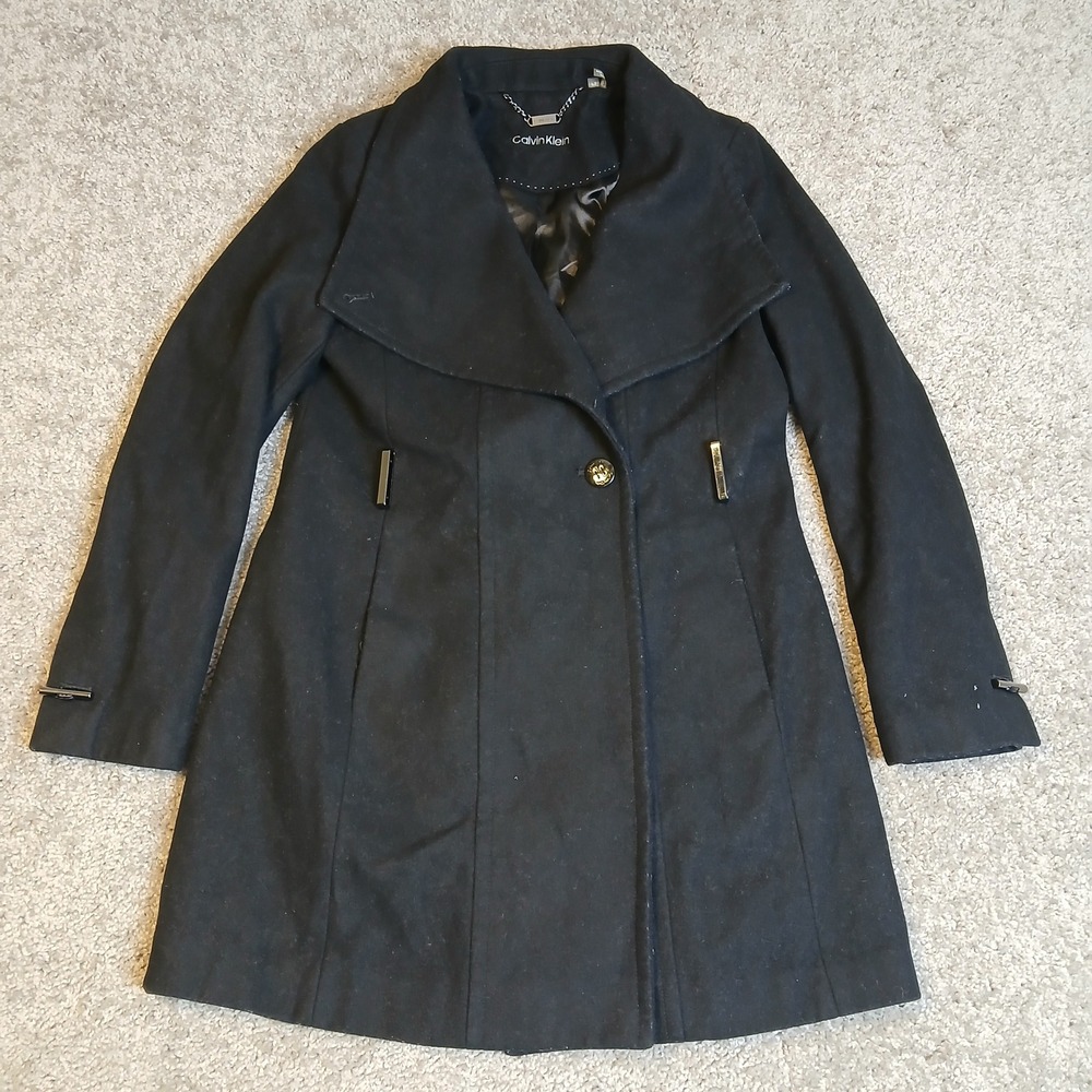 Calvin Klein Womens Black Wool Blend Wing Collar Peacoat Jacket PS Petite Small - Picture 2 of 11